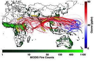 Modeled origin of air observed in the tropical Western Pacific during the CONTRAST and CAST campaigns. Air histories go back 10 days or until the air encountered precipitation and strong vertical winds. Polluted air (red paths) originates from regions with active fires (green) in Africa and Southeast Asia. Clean air (blue paths) originates from the Southern Hemisphere and over the Pacific Ocean. Credit: Daniel Anderson