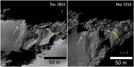Several sites of cliff collapse on Comet 67P/Churyumov–Gerasimenko were identified during Rosetta’s mission. This image focuses on an example in the Ash region, close to the boundary with Imhotep on the comet’s large lobe. The yellow arrows mark the fractures where the detachment occurred. The images were taken by Rosetta’s OSIRIS camera on December 2, 2014 (left) and March 12, 2016 (right). Image credit: ESA/Rosetta/MPS for OSIRIS Team MPS/UPD/LAM/IAA/SSO/INTA/UPM/DASP/IDA (Click image to download hi-res version.)