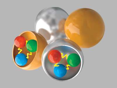An artist's conception of the 'color' of quarks. This appears as four balls, two gold and two reflective silver. Two of the balls are split in half, showing that inside are three smaller balls--red, green and blue--connected by a zig-zagging yellow line.