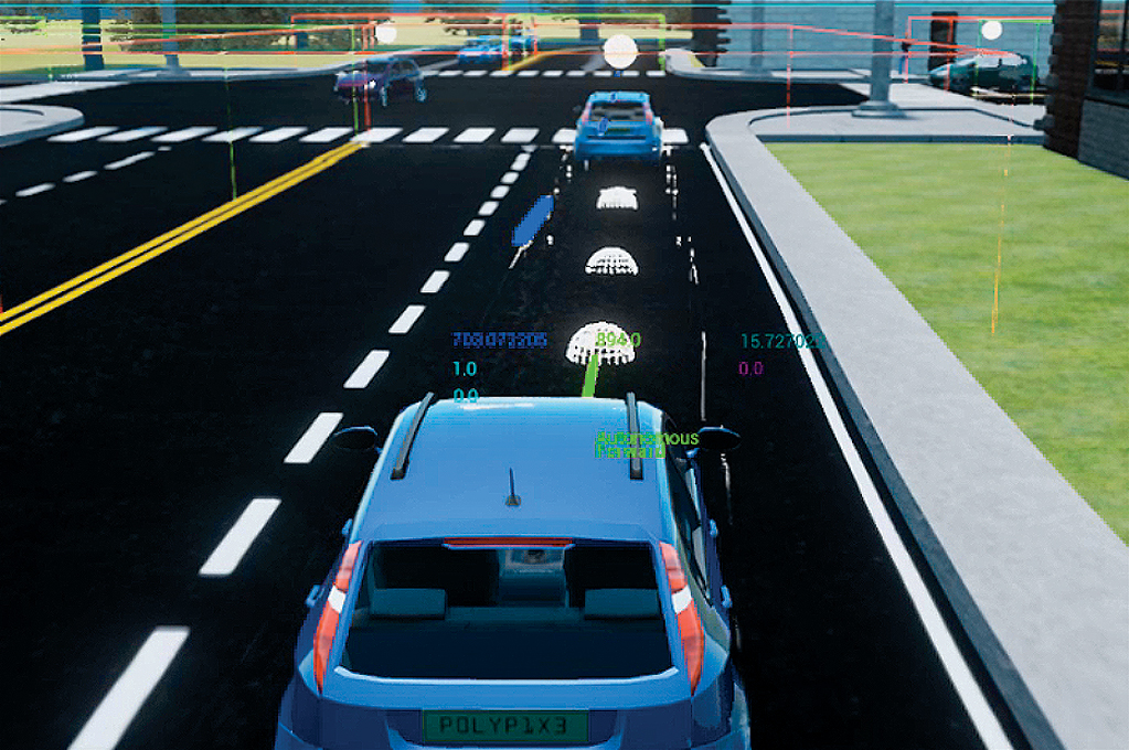 An autonomous vehicle navigation simulation, showing 3D model cars driving in a virtual town.