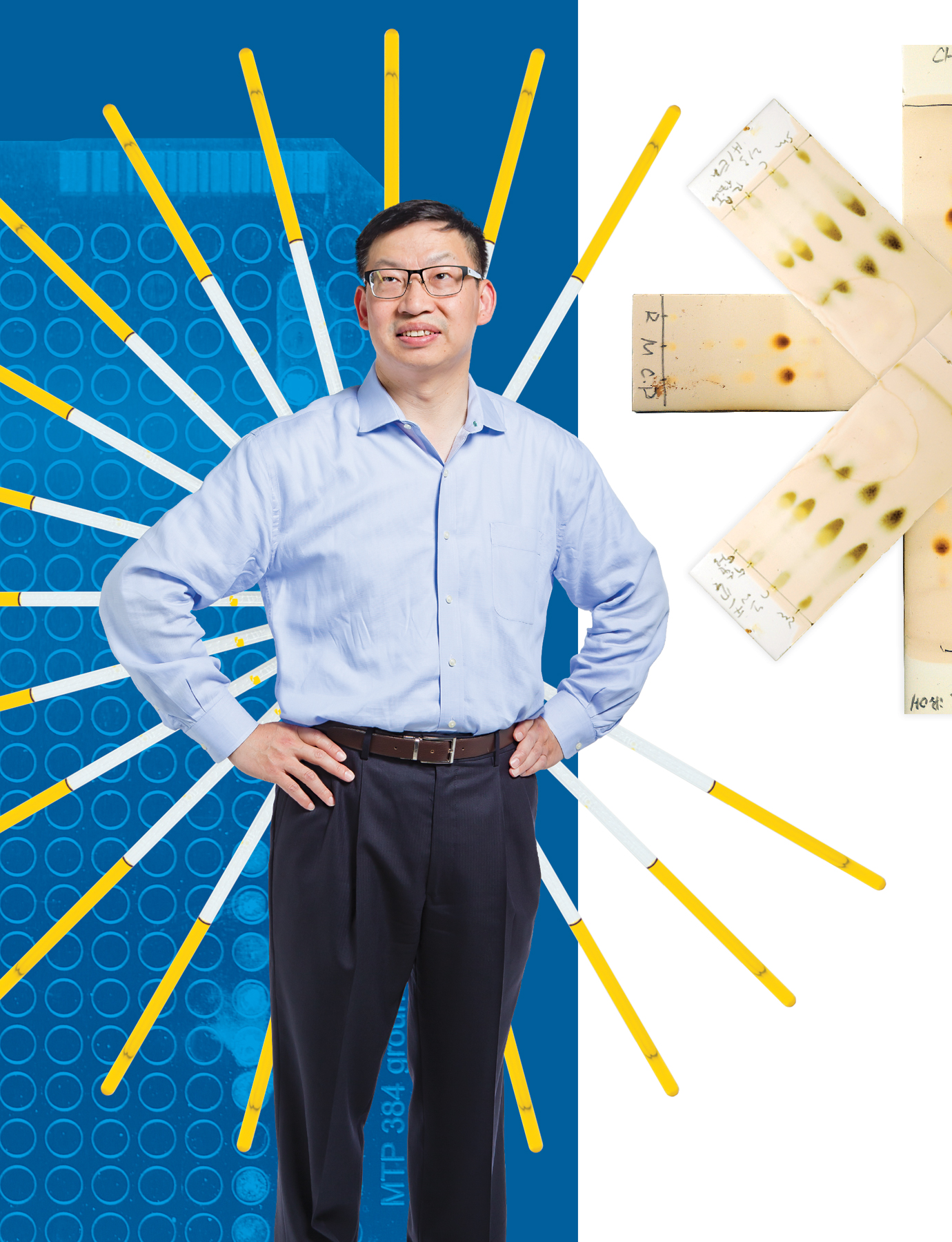A photo illustration of Lai-Xi Wang. He is wearing a blue business shirt and black pants. He is standing with his hands on his hips, looking off into the distance. Behind him is a collage of pipettes, a sample plate tited royal blue, and a group paper stain samples arranged like an asterix.
