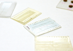 Hair samples from the victim are mounted on slides for analysis by mass spectrometry. Photo: Faye Levine (Click image to download hi-res version.)