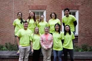 Patty with nine of her 65 ULAs for BSCI 170. (Back row, L-R) Annie Trang, Isabelle Lock, Elaine Athey, Miriam Kaufman and Kourosh Kalachi (Biological Sciences). (Front row, L-R) Jimmy Bui (Public Health Science), Liza Rife (Biological Sciences), Patty Shields, Alice Li (Biological Sciences) and Jessica Ho (Biological Sciences with a minor in Sustainability Studies). Photo by Faye Levine. (Click image to download high-res version.)
