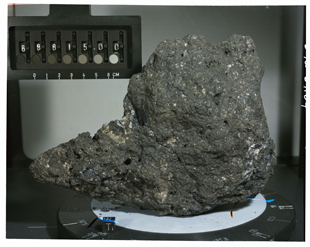 The UMD team examined the tungsten isotopic composition of two moon rocks collected by the Apollo 16 mission, including sample 68815, seen here. When corrected for meteoritic additions to Earth and the moon after formation of the moon, the two bodies were found to have identical Tungsten isotopic compositions. Photo: NASA/JSC (Click image to download hi-res version.)