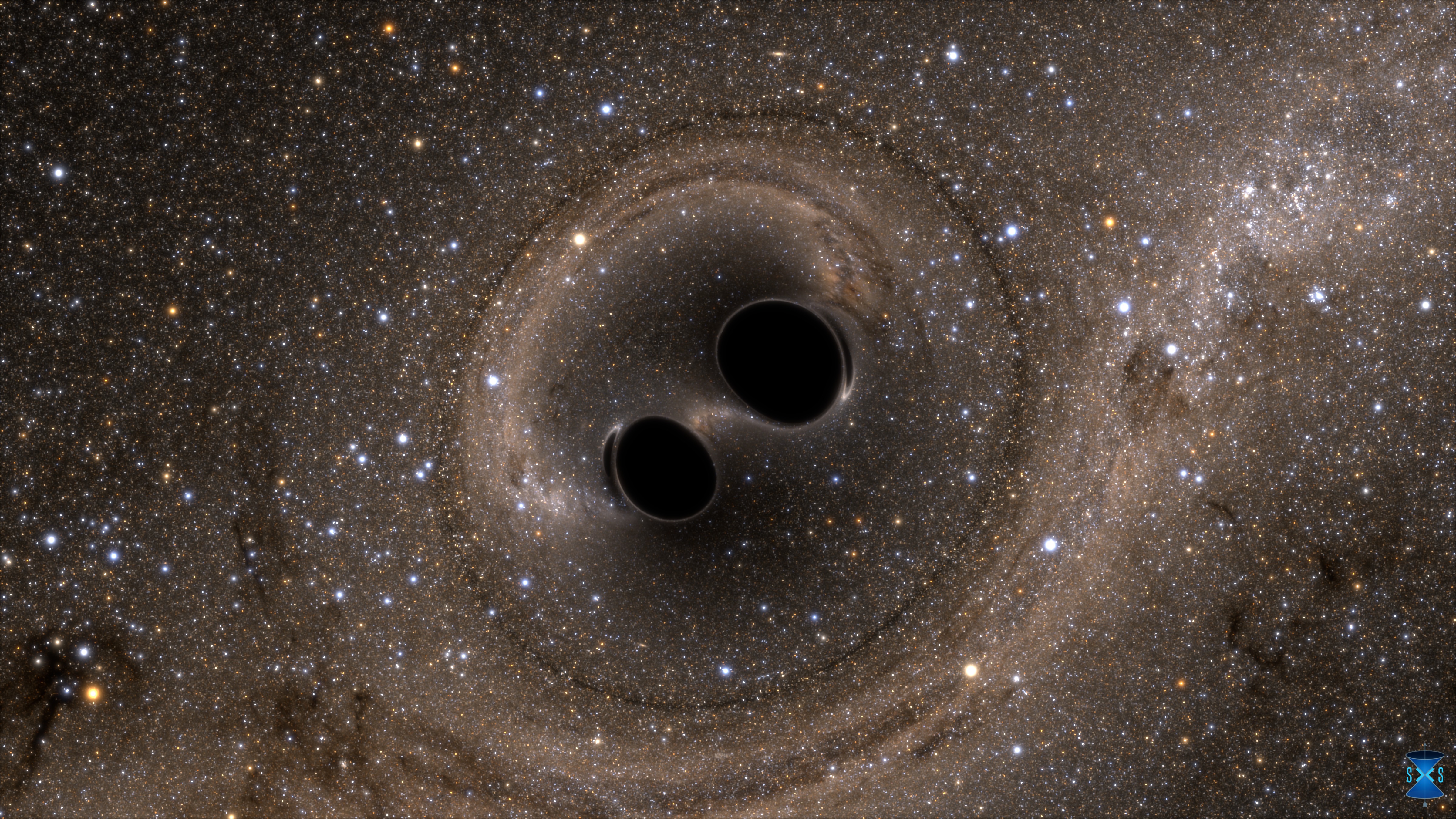The collision of two black holes—a tremendously powerful event detected for the first time ever by the Laser Interferometer Gravitational-Wave Observatory, or LIGO on September 14, 2015—is seen in this still from a computer simulation. LIGO detected gravitational waves, or ripples in space and time generated as the black holes spiraled in toward each other, collided, and merged. This simulation shows how the merger would appear to human eyes. It was created by solving equations from Albert Einstein's general theory of relativity using the LIGO data. Illustration: SXS. (Click image to download hi-res version.)