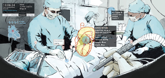 An augmented reality setting could help physicians make real-time decisions in the operating room, as depicted in this artist’s rendering. Such settings could provide novel simulation and training environments for future doctors and surgeons. Illustration by Brian Payne. 