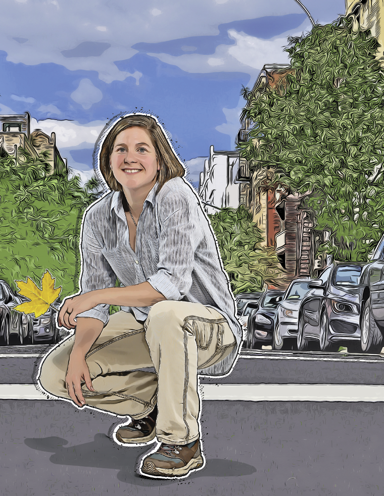 A colorful illustration of Karin Burghardt kneeling on a tree-lined city street. Image credit: John T. Consoli/Faye Levine. Effects by Nuwan Paditha. (Click image to download hi-res version)