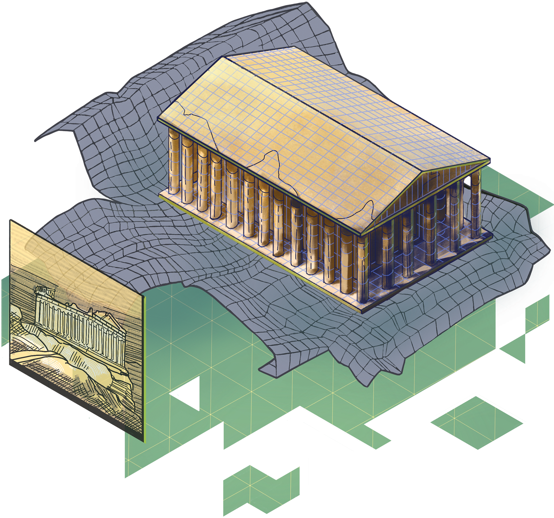A colorful illustration of a 3D reconstruction model of the Parthenon in restored condition. In front of the model is a photo of the Parthenon as it exists today. The model is meant to represent AI reconstructing the building based on a the photo.
