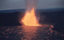 A fountain of lava erupts from Hawaii’s Kilauea Iki crater on December 5, 1959. Two rock samples from this eruption contain geochemical anomalies that could date back 4.5 billion years, shortly after the Earth first formed. Image credit: USGS/J.P. Eaton (Click image to download hi-res version.)