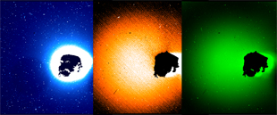 These images, acquired with Rosetta’s OSIRIS wide-angle camera using specific wavelength filters, map the emissions of three gases from the surface of comet 67P/Churyumov-Gerasimenko. From left to right, the panels show hydroxyl molecules (blue; 308nm filter), oxygen atoms (orange; 630nm), and cyanide molecules (green; 387nm). The OSIRIS instrument captured the images on March 12, 2015, when Rosetta was 80 km from the comet. Image credit: Bodewits/UMD for OSIRIS Team MPS/UPD/LAM/IAA/SSO/INTA/UPM/DASP/IDA (Click image to download hi-res version.)