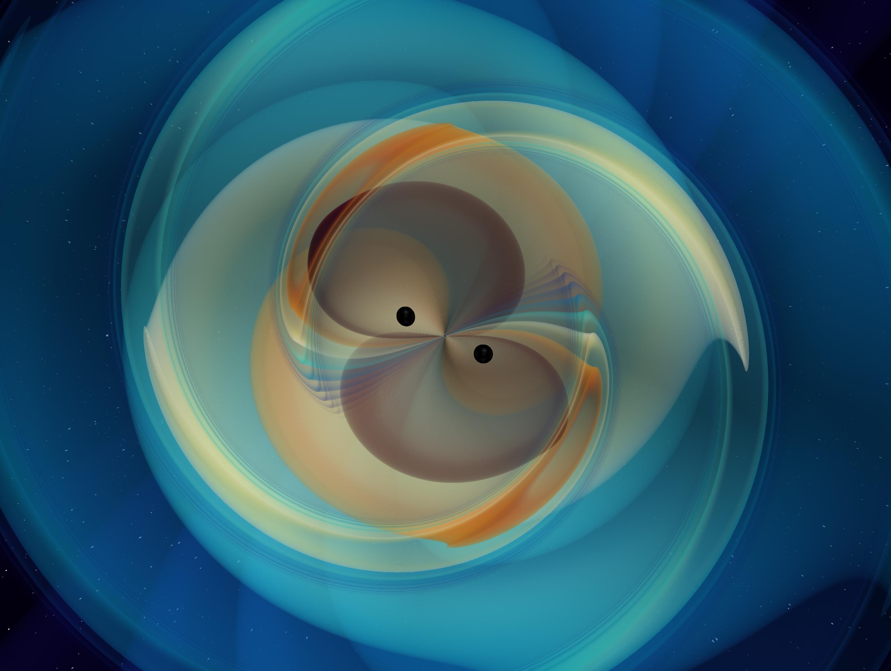 Numerical simulation of two black holes that spiral inwards and merge, emitting gravitational waves. The simulated gravitational wave signal is consistent with the observation made by the LIGO and Virgo gravitational wave detectors on May 21st, 2019 (GW190521). Image Copyright © N. Fischer, H. Pfeiffer, A. Buonanno (Max Planck Institute for Gravitational Physics), Simulating eXtreme Spacetimes (SXS) Collaboration. (Click image to download hi-res version)