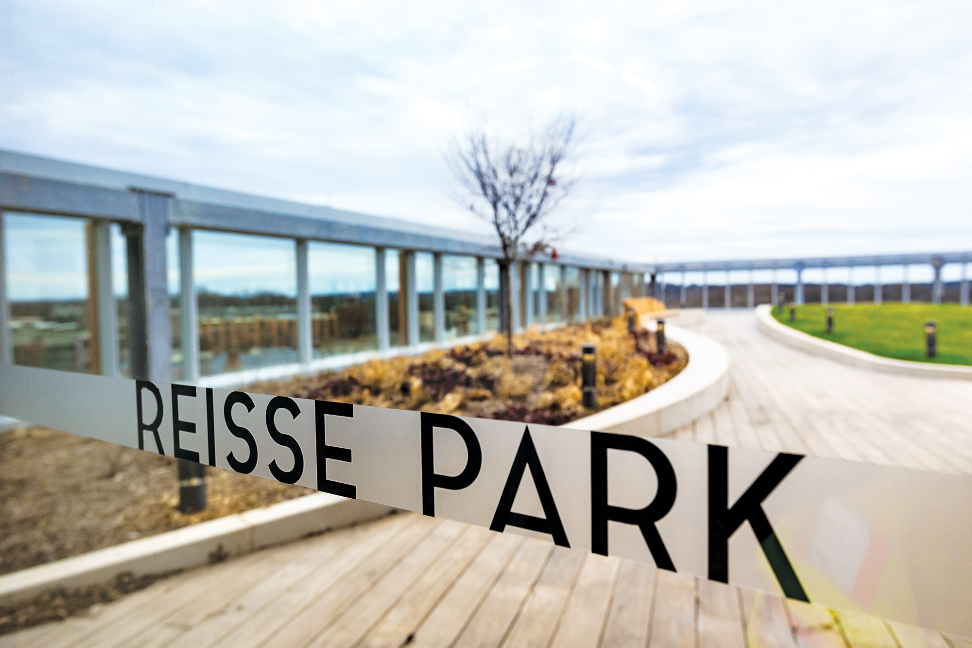 Reisse Park, the Iribe Center's rooftop garden and meeting space. It has lit wooden walking paths and expansive views of College Park and campus.