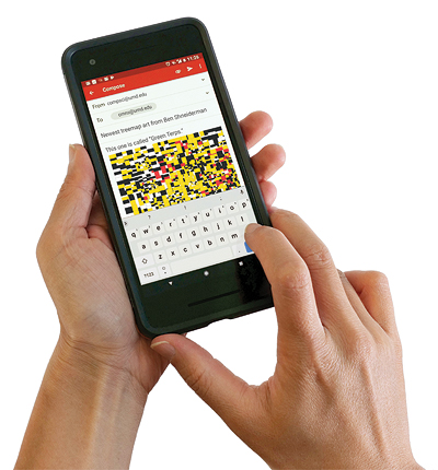 A pair of hands holding and interacting with an Android phone. The person is writing an email and has attached a picture of Ben Sheiderman's treemap art.