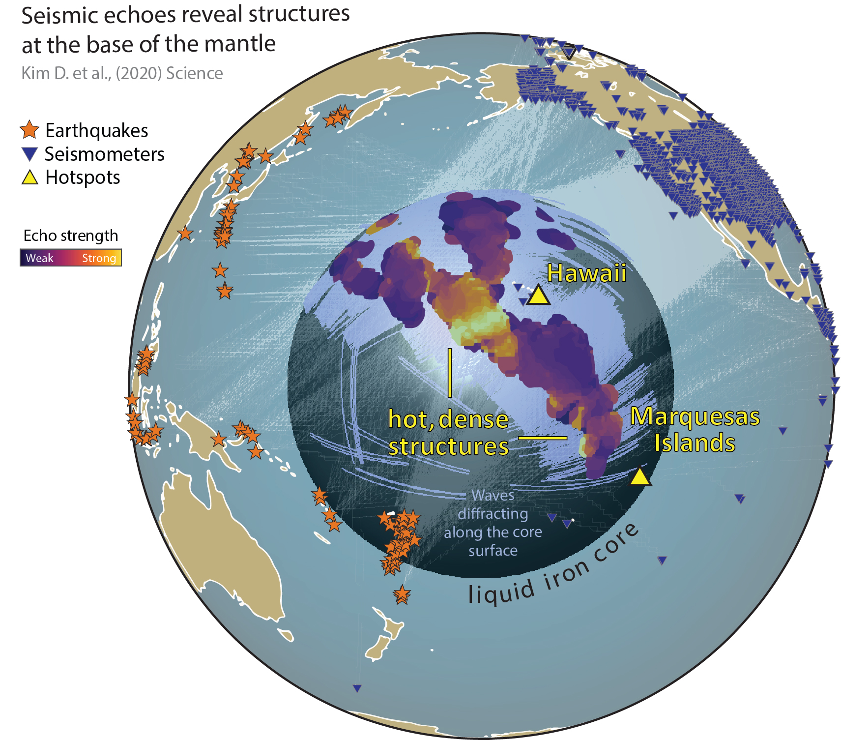 In the illustration above, earthquakes send sound waves through the Earth. Seismograms record the echoes as those waves travel along the core-mantle boundary, diffracting and bending around dense rock structures. New research provides the first broad view of these structures, revealing them to be much more widespread than previously known. Image credit: Doyeon Kim/University of Maryland. (Click image to download hi-res version.)