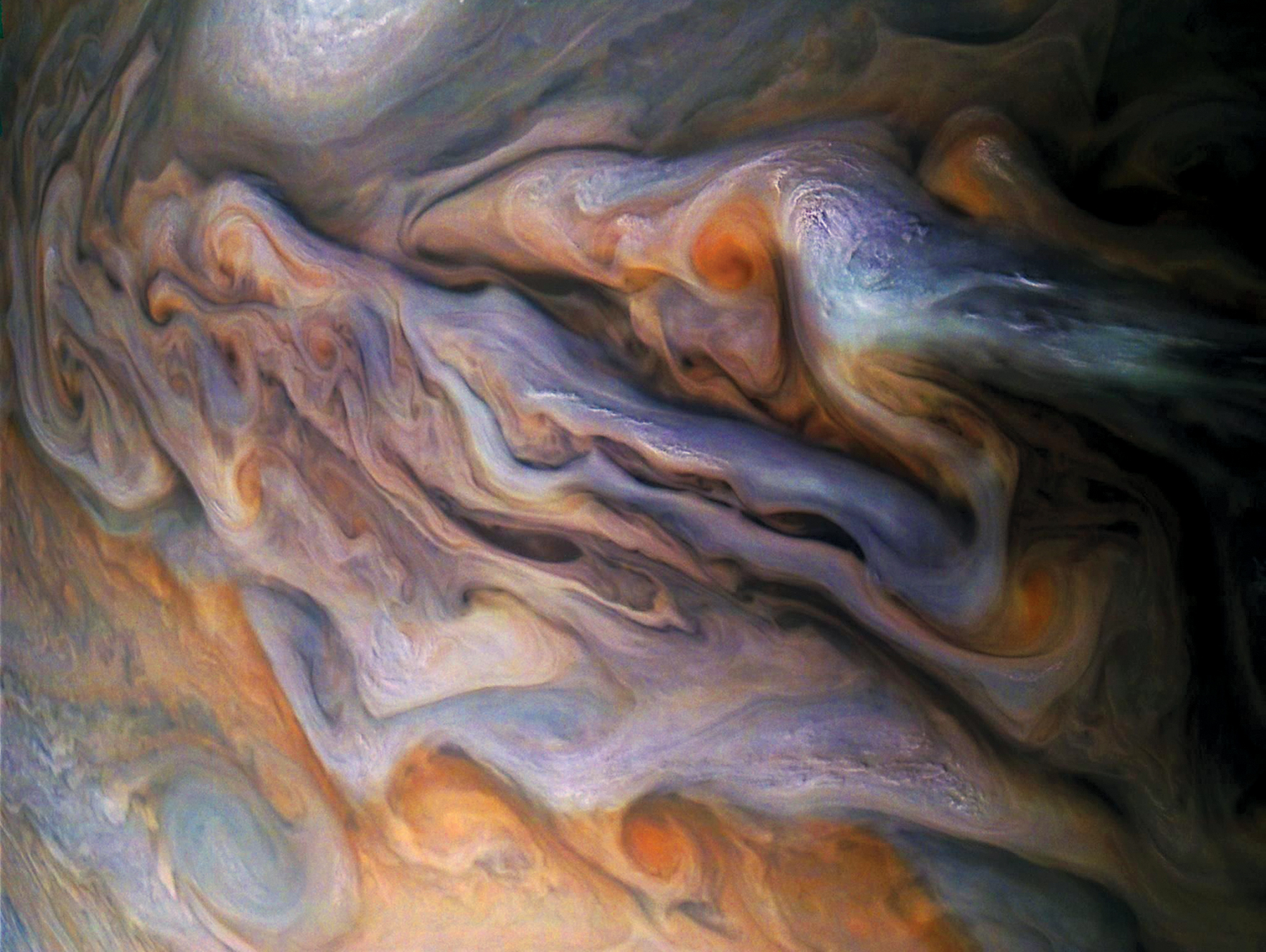 Storm vortices of Jupiter. Image Credit: NASA/JPL-Caltech/SwRI/MSSS/Gerald Eichstädt/Seán Doran (Click image to download hi-res version)