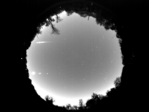 The UMD Observatory’s all-sky camera captured a photo containing a meteor (top left), the moon lined up with three planets (bottom left) and Orion (bottom right). Photo: UMD Observatory/Elizabeth Warner (Click image to download hi-res version.)