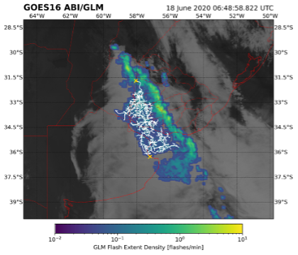  Satellite image of record duration of lightning flash over Uruguay and Argentina on June 18, 2020, with a 17.102-second duration. The horizontal structure (white line segments) and maximum extent (gold X symbols) of this megaflash are overlaid. Image courtesy of WMO. Click image to download hi-res version.