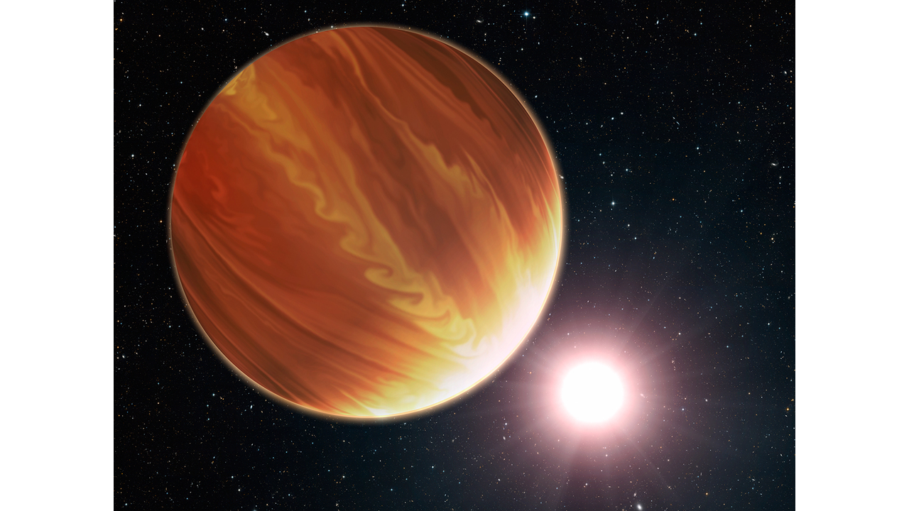 This is an artistic illustration of the gas giant planet HD 209458b (unofficially named Osiris) located 150 light-years away in the constellation Pegasus. This is a "hot Jupiter" class planet. Estimated to be 220 times the mass of Earth. The planet's atmosphere is a seething 1,800 degrees Fahrenheit. It orbits very closely to its bright sunlike star, and the orbit is tilted edge-on to Earth. This makes the planet an ideal candidate for the Hubble Space Telescope to be used to make precise measurements of the chemical composition of the giant's atmosphere as starlight filters though it. To the surprise of astronomers, they have found much less water vapor in the atmosphere than standard planet-formation models predict. Credit: NASA, ESA and G. Bacon (STScI).  Click image to download hi-res version.