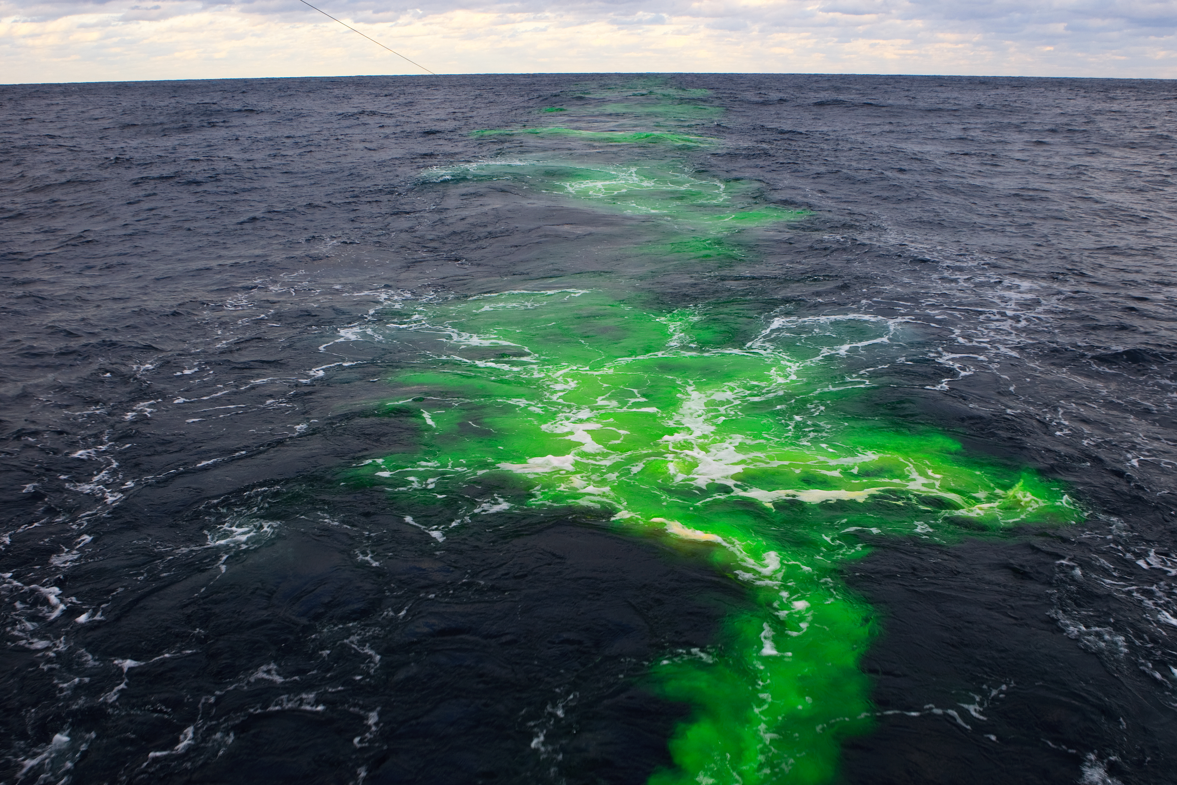 Fluorescent dye provides a unique way to track the evolution and mixing of water across the Gulf Stream. In a recent study fluorescein dye (as pictured here) was released along the north wall of the Gulf Stream, and tracked by ship as it mixed horizontally across the current. Photo credit: Lance Wills, WHOI. Click image to download hi-res version.