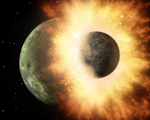 This artist's rendering shows the collision of two planetary bodies. A collision like this is believed to have created the moon within the first 150 million years after our solar system formed. Image: NASA/JPL-Caltech (Click image to download hi-res version.)