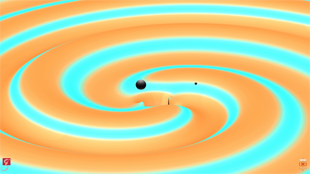 This image depicts two black holes just moments before they collided and merged with each other, releasing energy in the form of gravitational waves. On December 26, 2015, after traveling for 1.4 billion years, the waves reached Earth and set off the twin LIGO detectors. This marks the second time that LIGO has detected gravitational waves, providing further confirmation of Einstein’s general theory of relativity and securing the future of gravitational wave astronomy as a fundamentally new way to observe the universe. The black holes were 14 and 8 times the mass of the sun (L-R), and merged to form a new black hole 21 times the mass of the sun. An additional sun’s worth of mass was transformed and released in the form of gravitational energy. Image credit: Numerical Simulations: S. Ossokine and A. Buonanno, Max Planck Institute for Gravitational Physics, and the Simulating eXtreme Spacetime (SXS) project. Scientific Visualization: T. Dietrich and R. Haas, Max Planck Institute for Gravitational Physics. (Click image to download hi-res version.)