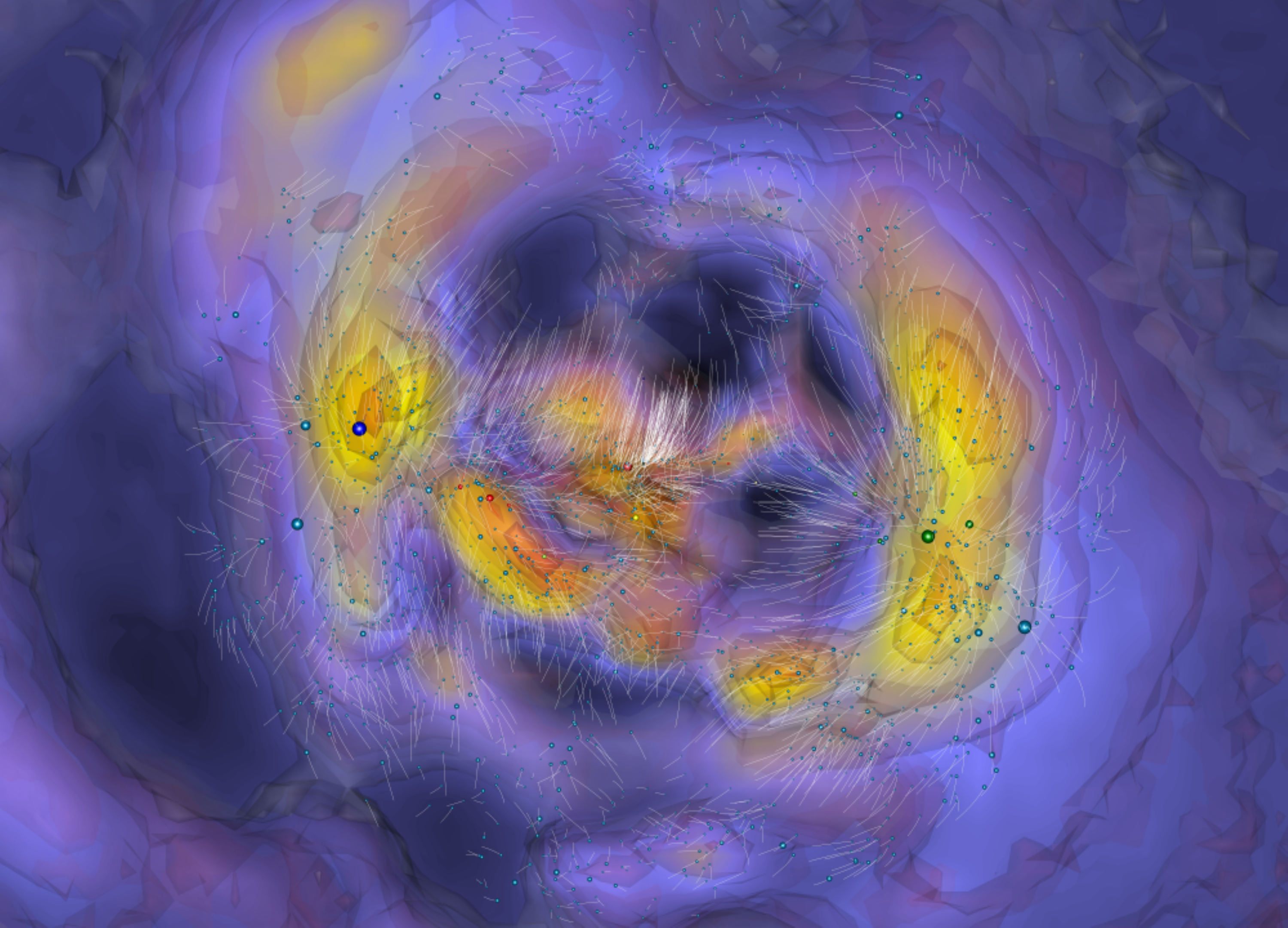 A slice of the local universe showing the orbits that galaxies have followed in white and contours of regions of high density in shades of yellow-orange. The Milky Way is near the center where there is a display of many white orbits. The Great Attractor core of the Laniakea Supercluster is to the left, about 250 million light-years from the Milky Way, and the Perseus-Pisces concentration of galaxies is at a similar distance from us to the right. Image courtesy of Ed Shaya. Click image to download hi-res version.
