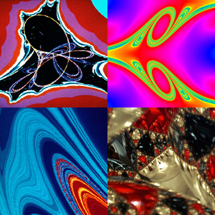 Researchers from the University of Maryland have proposed a new definition of chaos that applies to a wide variety of chaotic systems, including attractors, (top left, a “Tinkerbell” attractor), repellers, (right side, top and bottom, illustrating chaotic scattering), and forced systems (bottom left, motions of a damped pendulum). The bottom right picture shows the pattern of light created inside a pyramid of four reflective balls. Image credit: UMD Chaos Group (Click image to download hi-res version.)