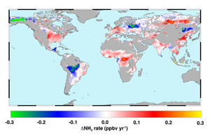 This map shows global trends in atmospheric ammonia (NH3) as measured from space from 2002 to 2016. Hot colors represent increases due to a combination of increased fertilizer application, reduced scavenging by acid aerosols and climate warming. Cool colors represent decreases due to reduced agricultural burning or fewer wildfires. Image credit: Juying Warner/GRL (Click image to download hi-res version.)
