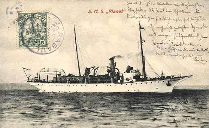 The SMS Planet, shown here on a postcard, was a survey ship that sailed from Germany to Hong Kong from 1906 to 1907. Credit: Wikimedia Commons. Click image to download hi-res version.