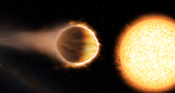 Researchers have found that a “hot Jupiter” exoplanet named WASP-121b (left) has a stratosphere hot enough to boil iron. The planet is as close to its host star (right) as possible without the star’s gravity ripping the planet apart.  Image credit: Engine House VFX, At-Bristol Science Centre, University of Exeter (Click image to download hi-res version.)