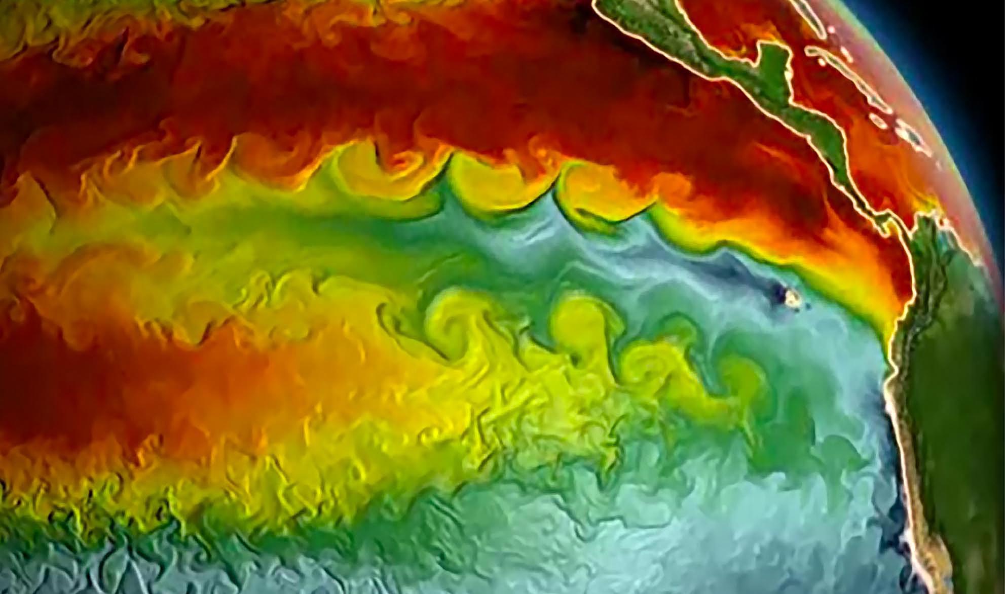 Mathematicians from UMD have developed the first rigorous proof for a fundamental law of turbulence. Batchelor’s law, which helps explain how chemical concentrations and temperature variations distribute themselves in a fluid, can be seen at work in the variously sized swirls of mixing warm and cold ocean water. Image Credit: NOAA/Geophysical Fluid Dynamics Laboratory. Click image to download hi-res version.
