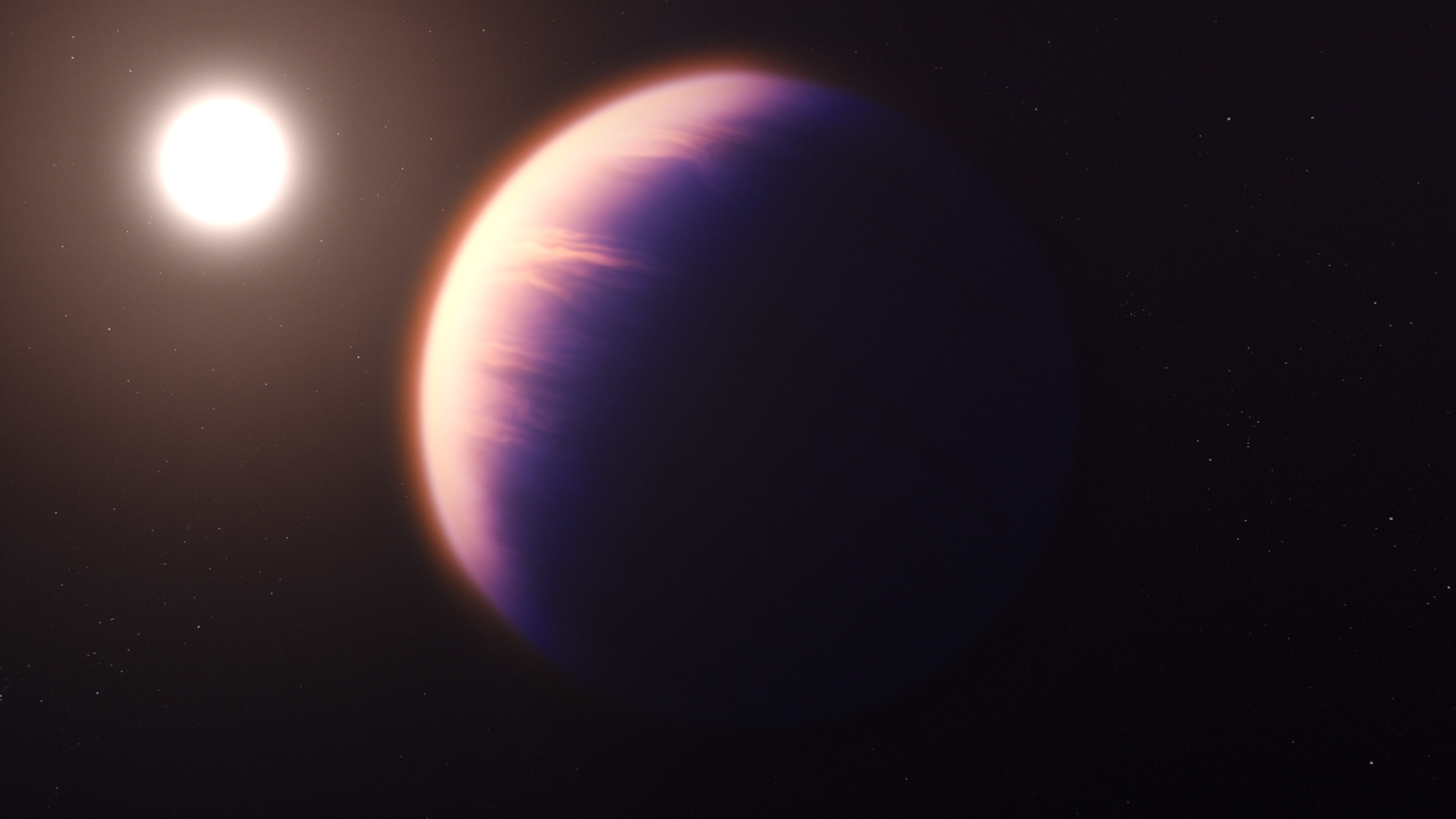 An illustration shows the exoplanet WASP-39 b to the right of its star. Credit: NASA, ESA, CSA, Joseph Olmsted (STScI). Click image to download hi-res version.