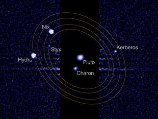 This composite image from the Hubble Space Telescope shows Pluto and its largest moon, Charon, at the center. Pluto’s four smaller moons orbit this “binary planet” and can be seen to the right and left. The smaller moons must be imaged with 1000x longer exposure times because they are far dimmer than Pluto and Charon. Image credit: NASA/STScI/M. Showalter, SETI Institute (Click image to download hi-res version.)