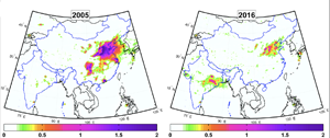 Two maps compare total annual sulfur dioxide amounts for India and China during 2005 (left) and 2016 based on Ozone Monitoring Instrument measurements. Purple depicts the highest concentrations while white depicts the lowest. Note the decrease in size of the purple region over northeastern China. Illustration: Chris McLinden, Environment and Climate Change Canada (Click image to download hi-res version.)