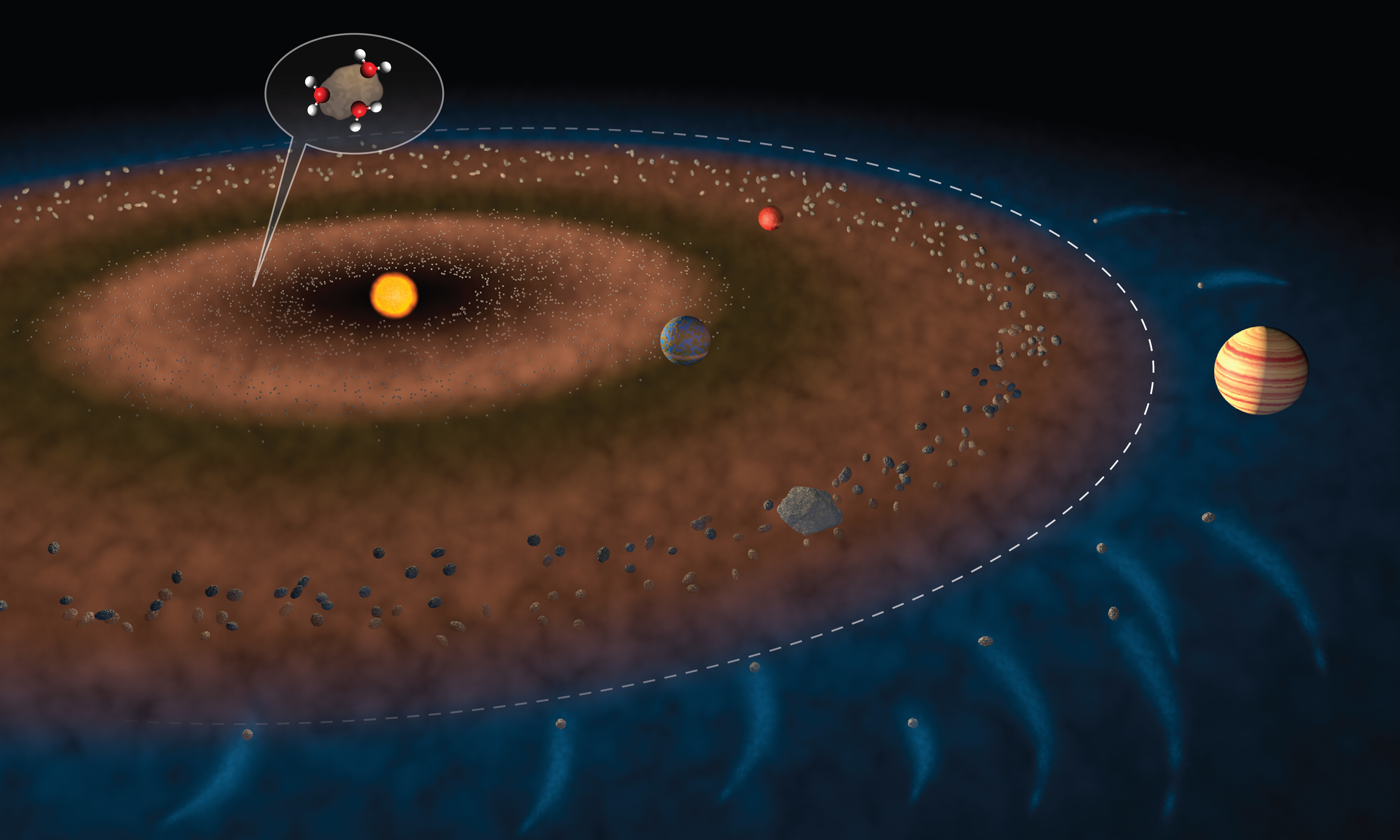 An illustration of the solar system and asteroid belt