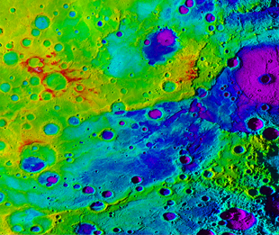 Using colorized topography, Mercury’s “great valley” (dark blue) and Rembrandt impact basin (purple, upper right) are revealed in this high-resolution digital elevation model merged with an image mosaic obtained by NASA’s MESSENGER spacecraft. Image credit: NASA/JHUAPL/Carnegie Institution of Washington/DLR/Smithsonian Institution (Click image to download hi-res version)