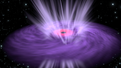 This artist’s impression illustrates a supermassive black hole with X-ray emission emanating from its inner region (pink) and ultra-fast winds streaming from the surrounding disk (purple). Image credit: European Space Agency. (Click image to download high-res version.)