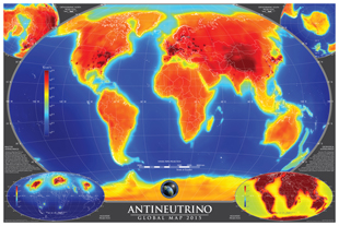The first-ever global map of antineutrino flux accounts for natural and human-made sources of antineutrinos, with the latter making up less than 1 percent of the total flux. Image credit: National Geospatial-Intelligence Agency/AGM2015 (Click image to download hi-res version.)