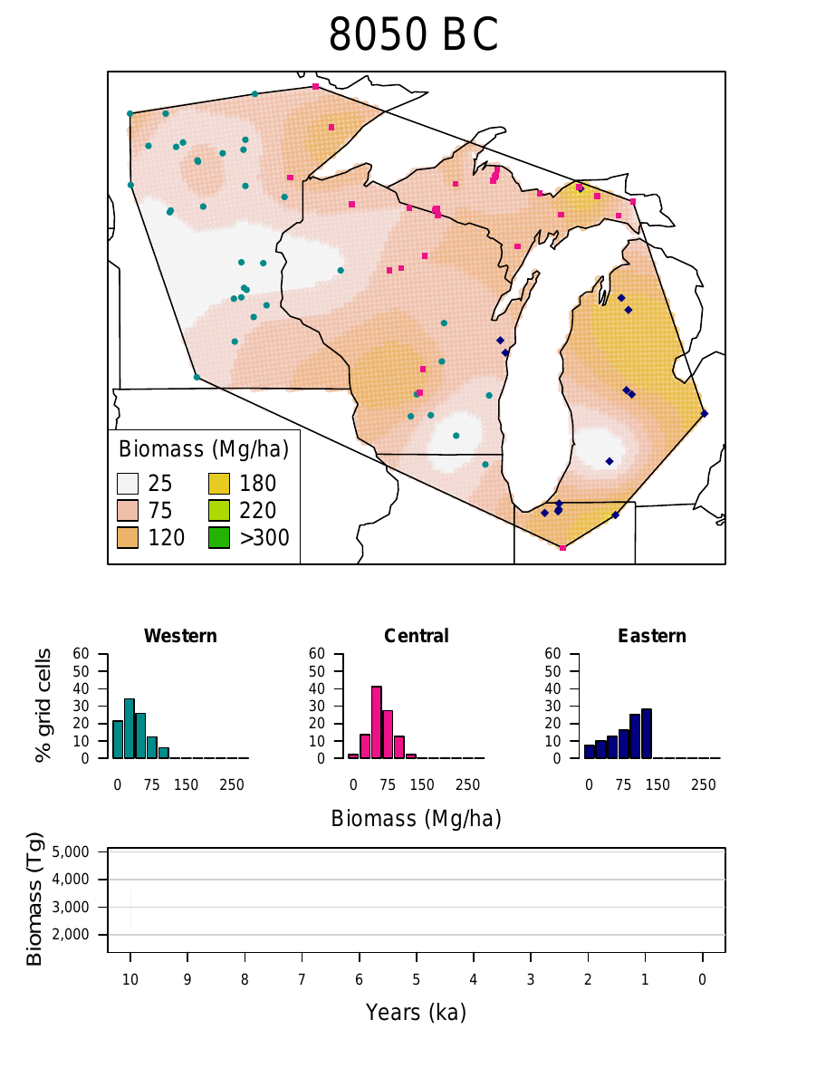 A visualization animating the reconstructions of Midwestern biomass over the last 10,000 years. In the top chart, areas of deeper green indicate regions with higher magnitude of biomass. The bar charts show the changing distribution of biomass in grid cells within each of the three sub-regional clusters. The line chart demonstrates that biomass has gradually grown. Image courtesy of Ann Raiho. Click image to download hi-res version.