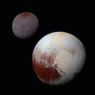 Pluto, shown here in the front of this false-color image, has a bright ice-covered "heart." The left, roughly oval lobe is the basin provisionally named Sputnik Planitia. Sputnik Planitia appears directly opposite Pluto's moon, Charon (back). Credit: NASA/JHUAPL/SWRI (Click image to download high-res version.)