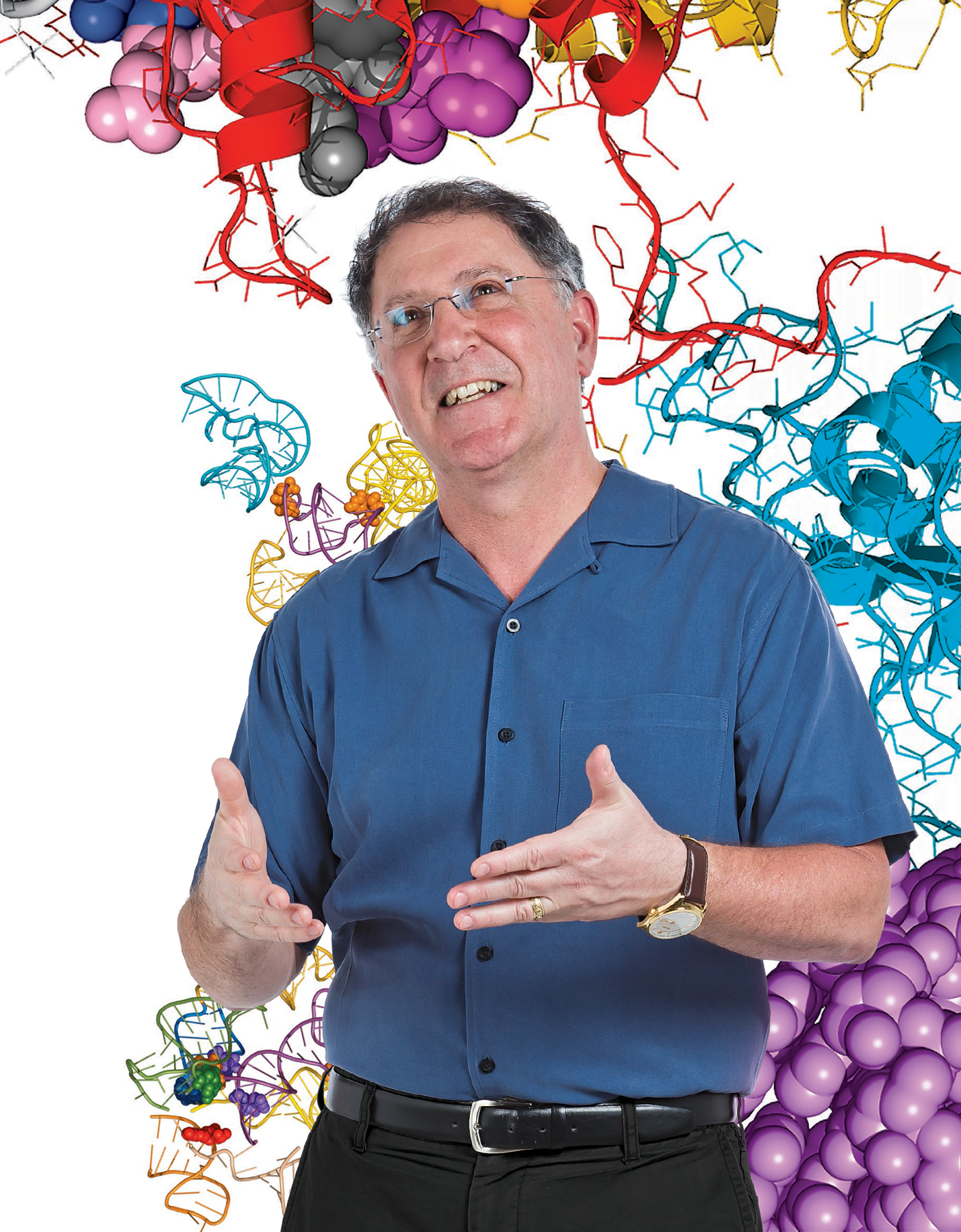 A photo illustration of Jon Dinman. He is wearing a blue polo shirt, smiling, and looking up. There is a tangle of colorful, 3D rendered RNA hanging above him and behind him.