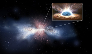 The galaxy IRAS F11119+3257 (background) has a central supermassive black hole (inset) that creates winds capable of sweeping away the galaxy's reservoir of raw star-building material. This is the first solid proof that black-hole winds are depriving their host galaxies of molecular gas and might ultimately stop their star formation activity. Image: ESA/ATG medialab (Click image to download hi-res version.)