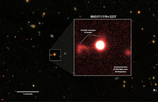 A red-filter image of IRAS F11119+3257 (inset) from the University of Hawaii's 2.2-meter telescope shows faint features that may be tidal debris, a sign of a galaxy merger. Background: A wider view of the region from the Sloan Digital Sky Survey. Photo: NASA GSFC/SDSS/Sylvain Veilleux (Click image to download hi-res version.)