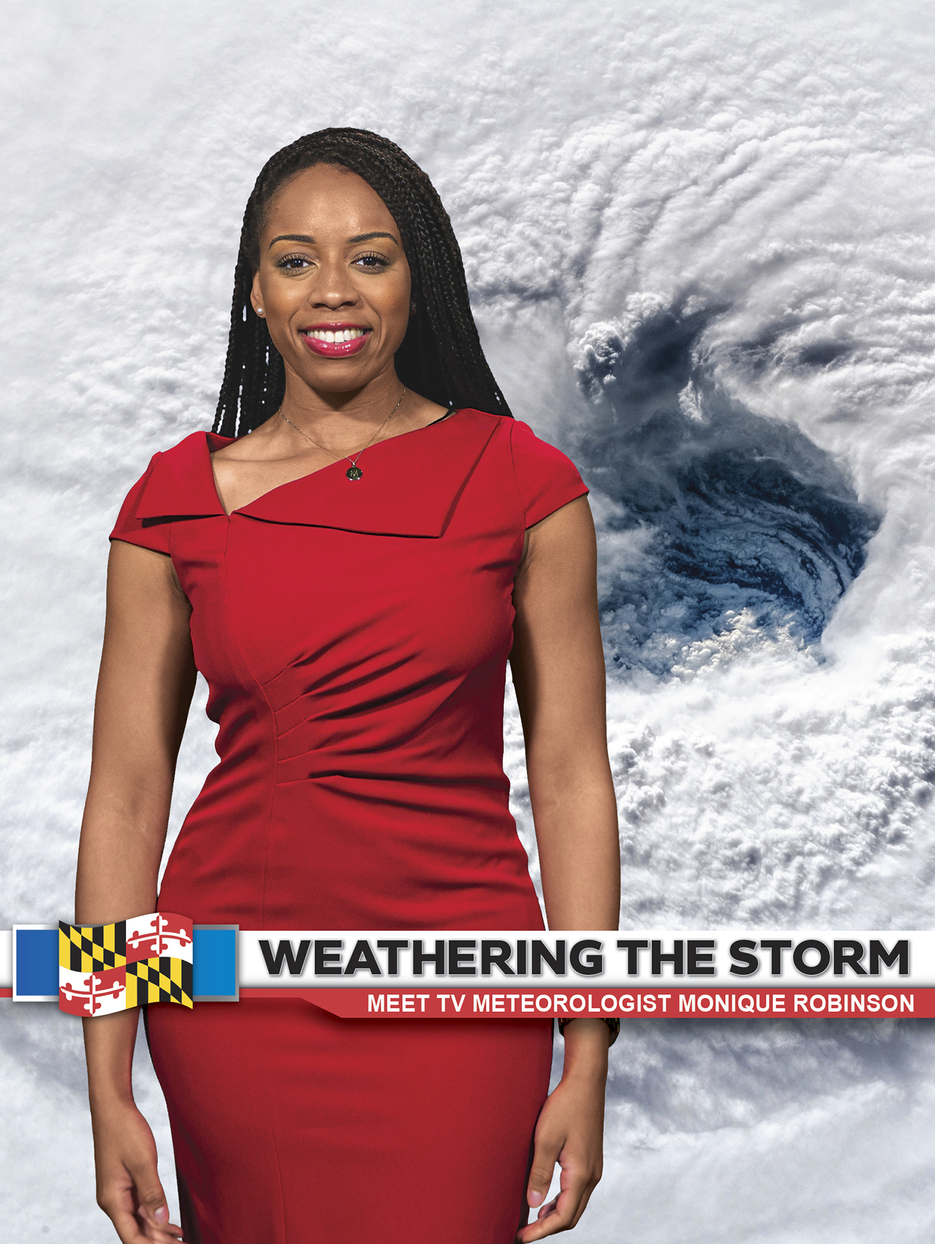 Monique Robinson (B.A. '17, broadcast journalism;  B.S. '18, atmospheric and oceanic science), wearing a red dress and standing in front of a satellite image of Hurricane Florence.