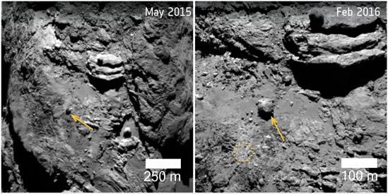 A 30-meter-wide, 12,800-ton boulder was found to have moved 140 meters in the Khonsu region of Comet 67P/Churyumov–Gerasimenko in the lead up to perihelion in August 2015, when the comet’s activity was at its highest. In both images, an arrow points to the boulder; in the right-hand image, the dotted circle outlines the original location of the boulder for reference. The images were taken by Rosetta’s OSIRIS camera on May 2, 2015 (left) and February 7, 2016 (right). Image credit: ESA/Rosetta/MPS for OSIRIS Team MPS/UPD/LAM/IAA/SSO/INTA/UPM/DASP/IDA (Click image to download hi-res version.)