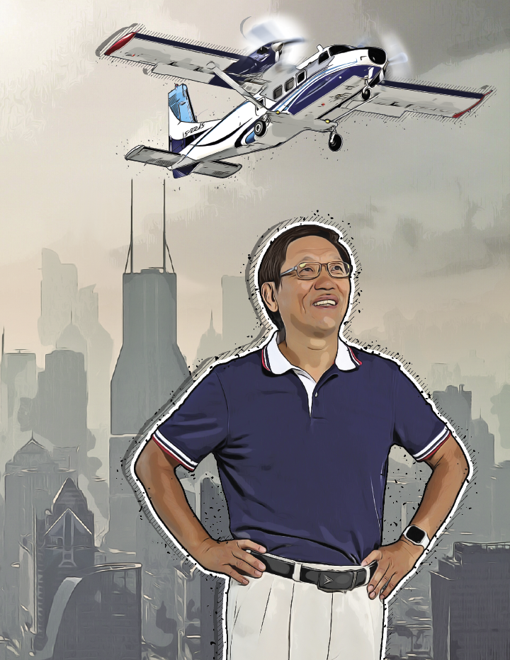 A colorful illustration of Zhanqing Li. A small plane is flying overhead and a smoggy Shanghai skyline is in the background. Image credit: John T. Consoli/Faye Levine/University of Maryland. Effects by Nuwan Paditha.