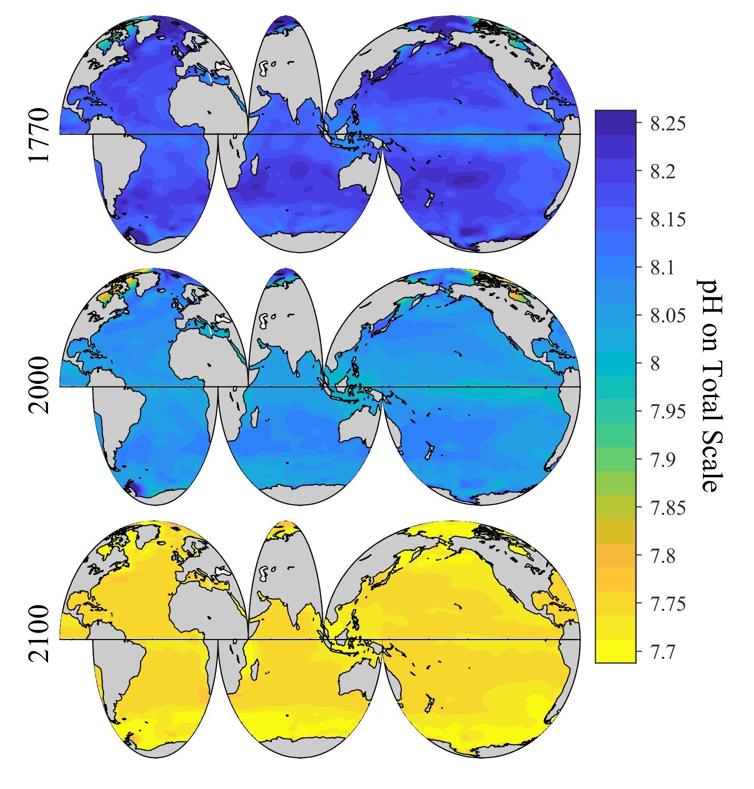 Researchers have developed the most high-resolution images to date showing changes in global Ocean acidification. Image Credit: Li-Qing Jiang, University of Maryland. Click image to download hi-res version.
