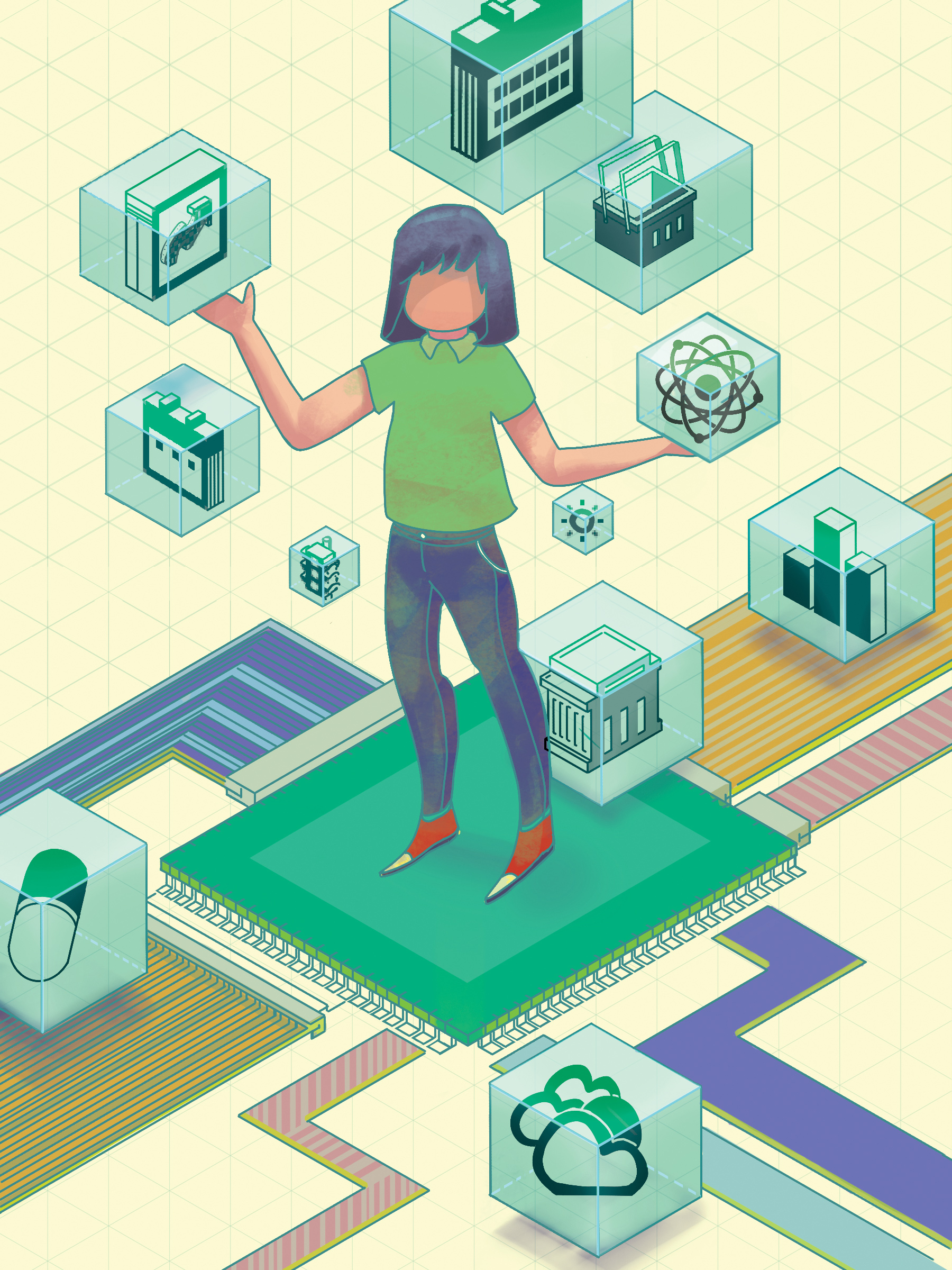 A colorful illustration of a cartoon woman standing on a computer chip against a background of pale yellow graph paper. Clear cubes are floating all around her, and each one contains an icon such as an atom, mail, a bar chart, a bank, a pill and a calendar.
