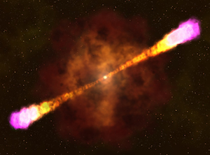 This image shows the most common type of gamma-ray burst, thought to occur when a massive star collapses, forms a black hole, and blasts particle jets outward at nearly the speed of light. An international team led by University of Maryland astronomers has constructed a detailed description of a similar gamma-ray burst event, named GRB 160625B. Their analysis has revealed key details about the initial “prompt” phase of gamma-ray bursts and the evolution of the large jets of matter and energy that form as a result. Image credit: NASA’s Goddard Space Flight Center (Click image to download hi-res version.)