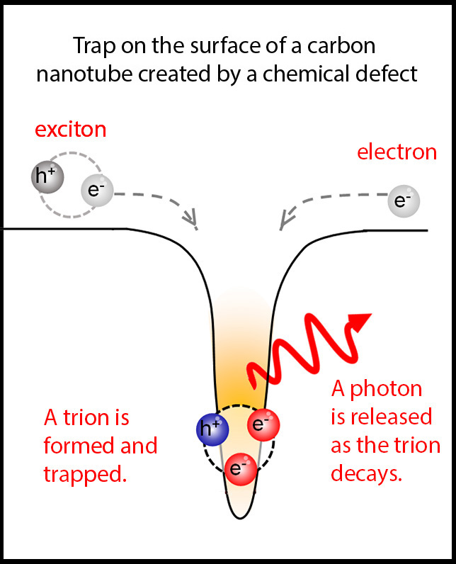 A chemical defect in a single-walled carbon nanotube creates a depression in the energy landscape of the nanotube. As charged particles flow across the conductive surface of the nanotube, they can fall into this depression. Here, an exciton (upper left) and an electron (upper right) fall into a depression, become bound together into a trion and are trapped. As the trion decays, it releases a photon that can be observed as a bright flash of luminescence. Image credit: Mijin Kim (Click image to download hi-res version.)